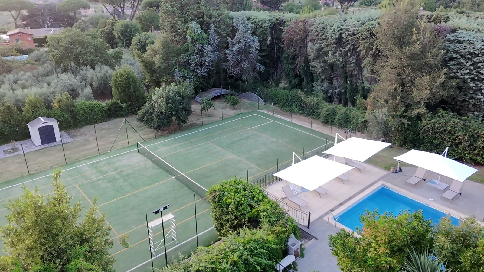 Aerial view of the pool and pergola
